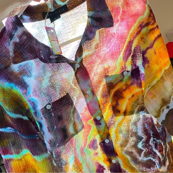Handmade Geode Tie Dye Button Down Shirt Womens Small Colorful Cotton Crepe Pink - Picture 9 of 13